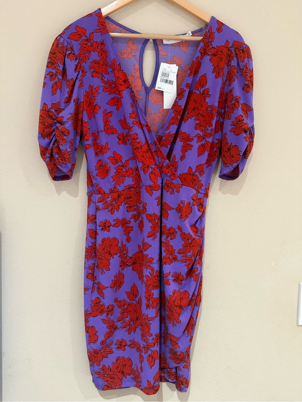 All In Favor Purple & Red Floral Wrap Dress 
Size Large